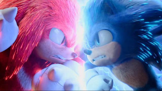 Knuckles and Sonic square off, face to face, in a still from Sonic the Hedgehog 2