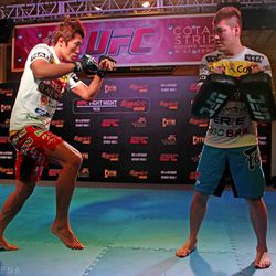 Dong Hyun Kim hits the pads during his UFC open workout in Macau