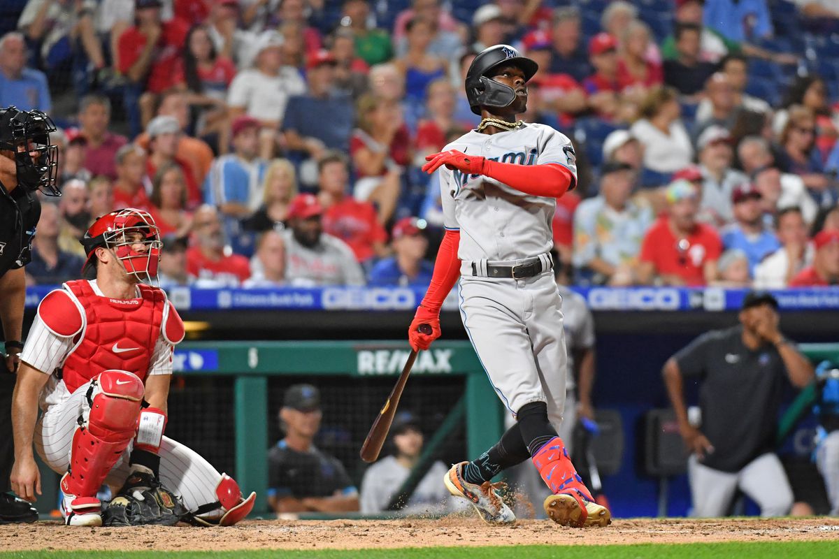 Miami Marlins second baseman Jazz Chisholm Jr. (2) watches his solo home run against the Philadelphia Phillies during the seventh inning at Citizens Bank Park.