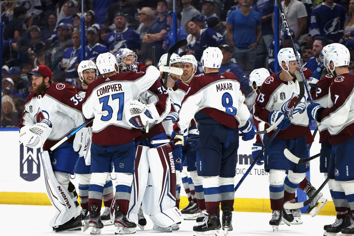 Darcy Kuemper #35 of the Colorado Avalanche celebrates the overtime win over the Tampa Bay Lightning during Game Four of the 2022 NHL Stanley Cup Final at Amalie Arena on June 22, 2022 in Tampa, Florida.