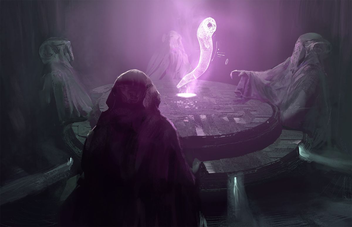 Bene Gesserit confront a hologram of a sandworm on Dune.