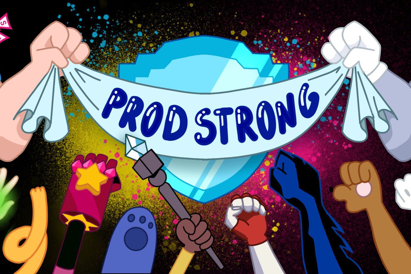 An assortment of cartoon hands fist pumping beneath a shape resembling the Warner Bros. logo, across which two muscular arms are holding a banner that reads “prod strong.”