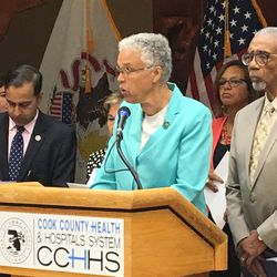 Cook County Board President Toni Preckwinkle was joined by several members of Congress, including Bobby Rush (right) at a news conference in September. | Sun-Times file photo
