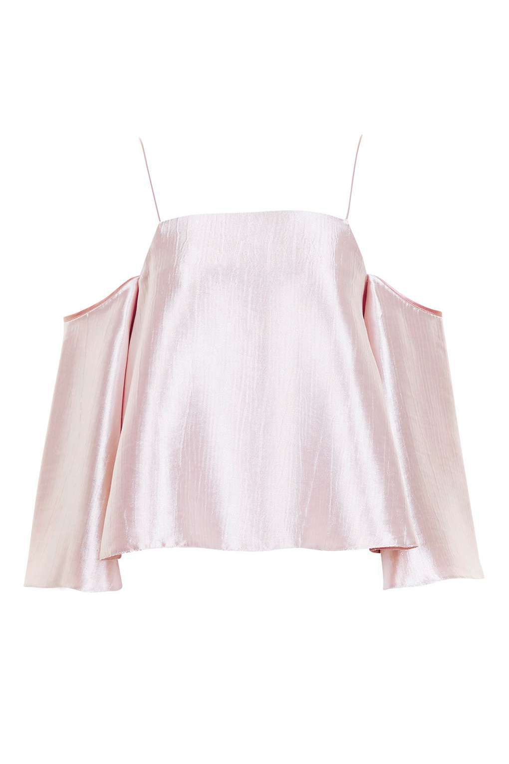 Flat image of pink cut-out shoulder blouse.