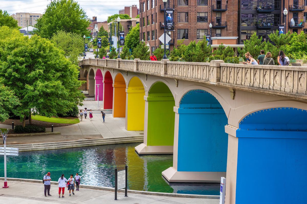 The rainbow colors of the Clinch Avenue bridge celebrates the 40th anniversary of World Fair park downtown Knoxville It was the last successful World’s Fair.
