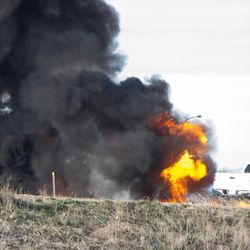 A tanker hauling gasoline crashed and exploded on the off-ramp from I-15 to U.S. 6 near Spanish Fork on Friday, Nov. 28, 2014. The driver of the tanker was flown by medical helicopter in critical condition.