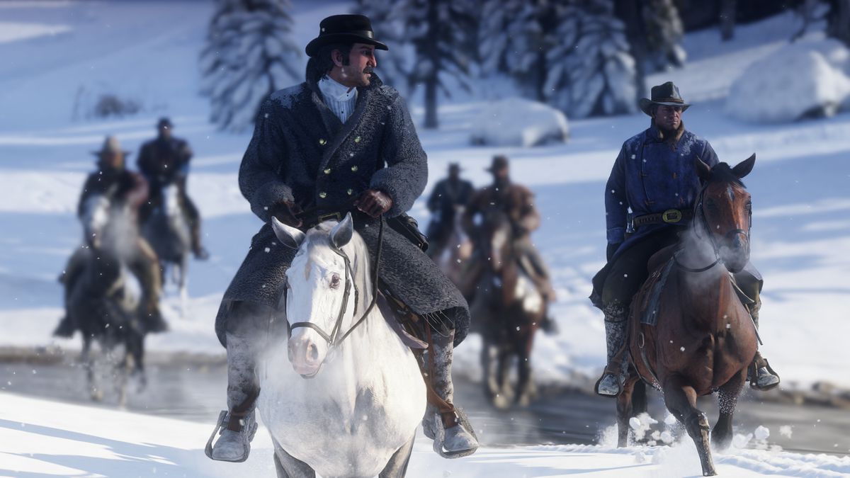 Red Dead Redemption 2 - Dutch van der Linde, Arthur Morgan and Dutch’s gang riding through the snow
