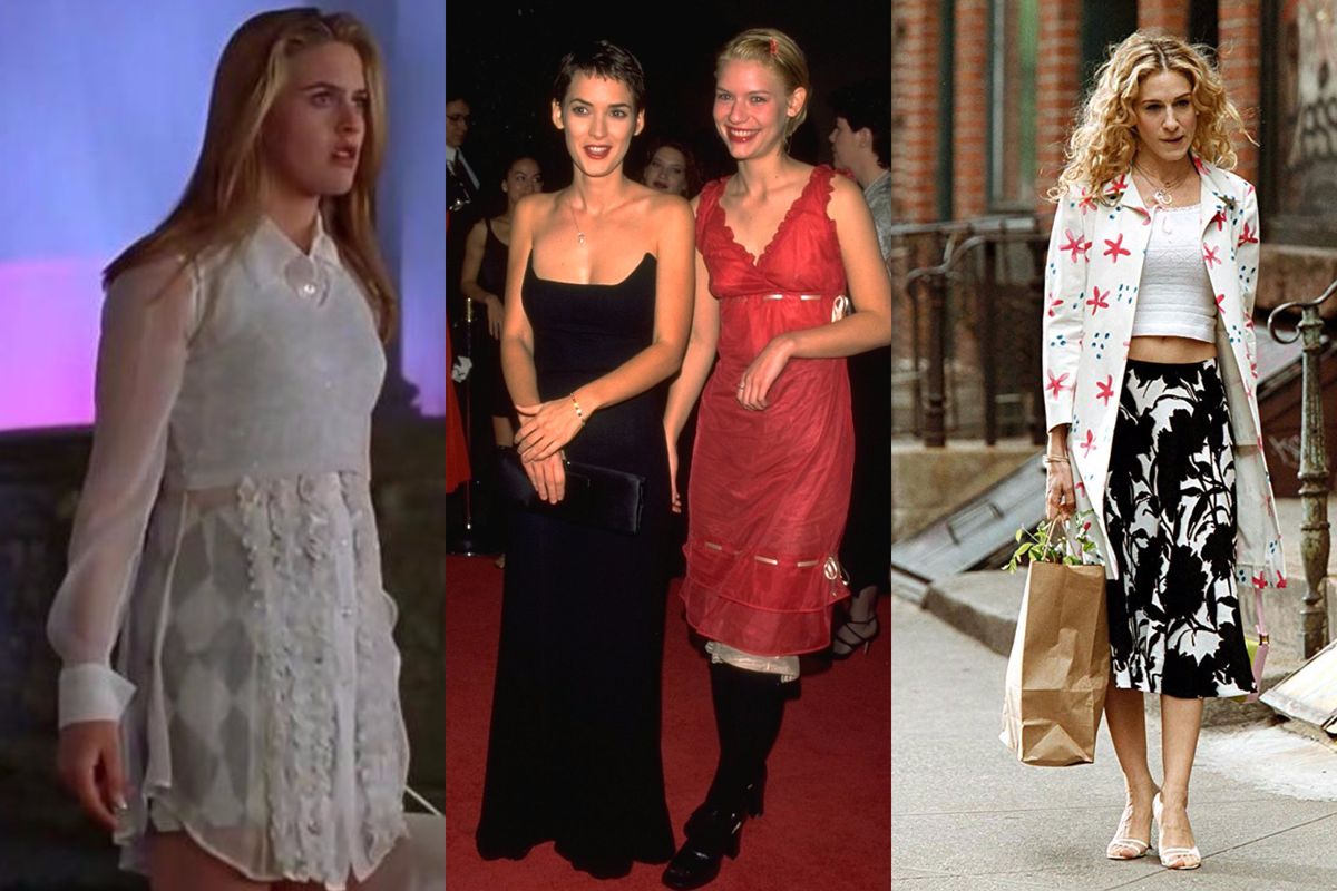 Alicia Silverstone in a sheer top over a sweater vest and plaid skirt, Winona Ryder in a black maxi dress, Claire Danes in a red slip dress, Sarah Jessica Parker in a patterned coat and skirt ensemble.