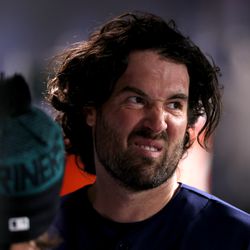 Robbie Ray #38 of the Seattle Mariners reacts after he was taken out of the game during the fourth inning against the Cleveland Guardians at T-Mobile Park on March 31, 2023 in Seattle, Washington.