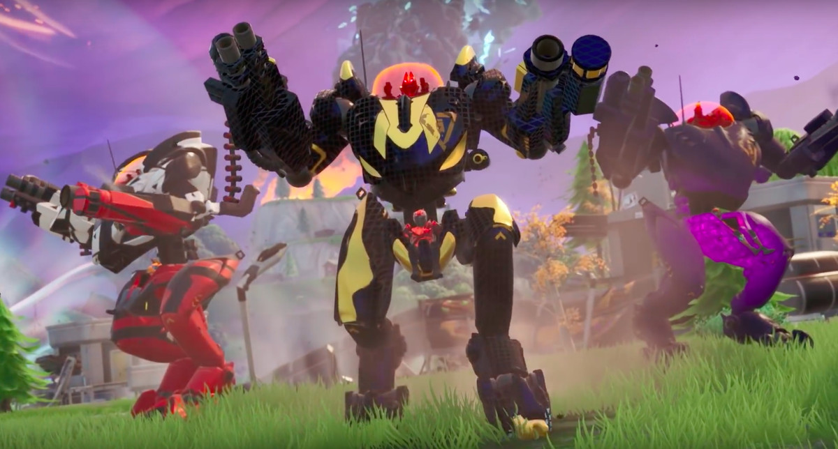 Three Fortnite mechs stand in a line