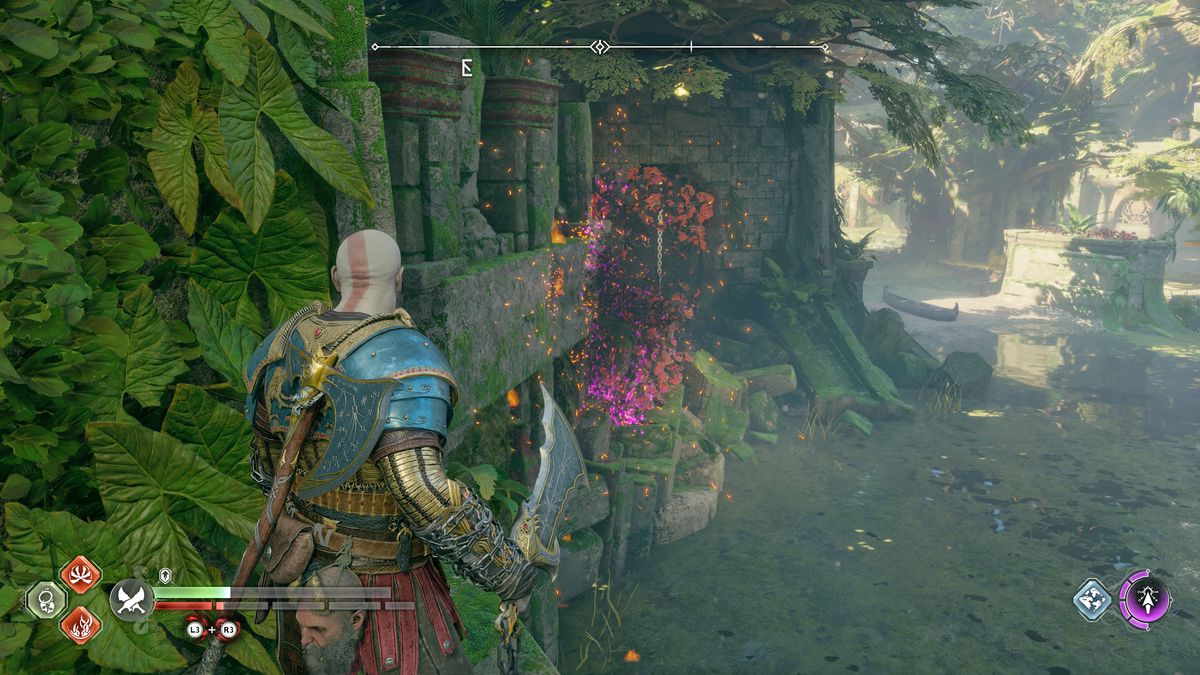 Kratos burns some red moss