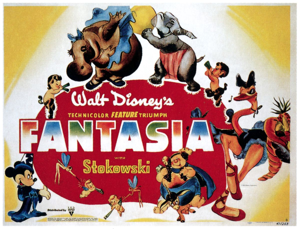 A 1940 half-sheet poster for Disney’s animated movie Fantasia, featuring Mickey Mouse and other, unnamed characters from the movie’s various segments frolicking around the title