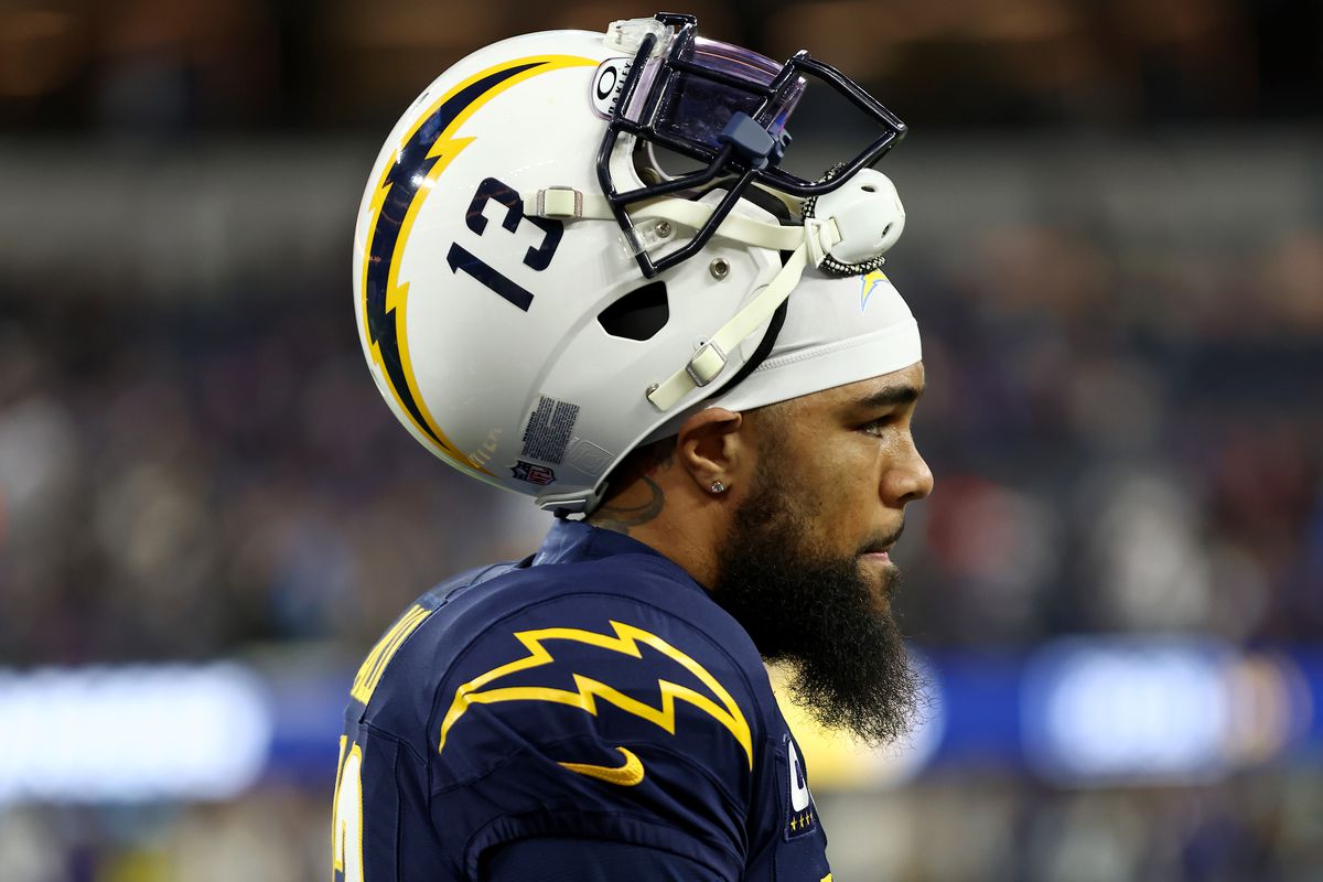Keenan Allen #13 of the Los Angeles Chargers looks on prior to the game against the Baltimore Ravens at SoFi Stadium on November 26, 2023 in Inglewood, California.