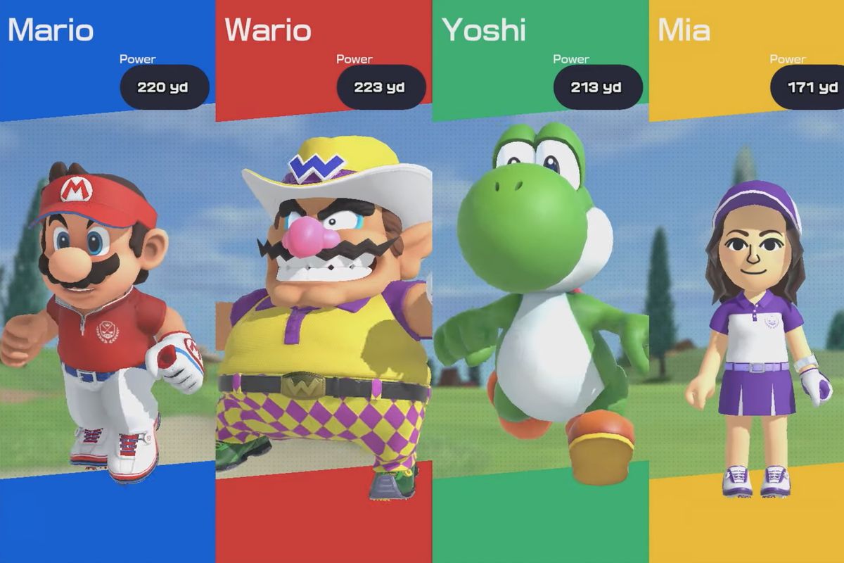 Mario, Wario, Yoshi, and Mia in Mario Golf: Super Rush
