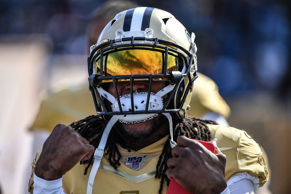 A detailed view of the reflection on the Oakley visor of Alvin Kamara #41 of the New Orleans Saints during the 2020 NFL Pro Bowl at Camping World Stadium on January 26, 2020 in Orlando, Florida.