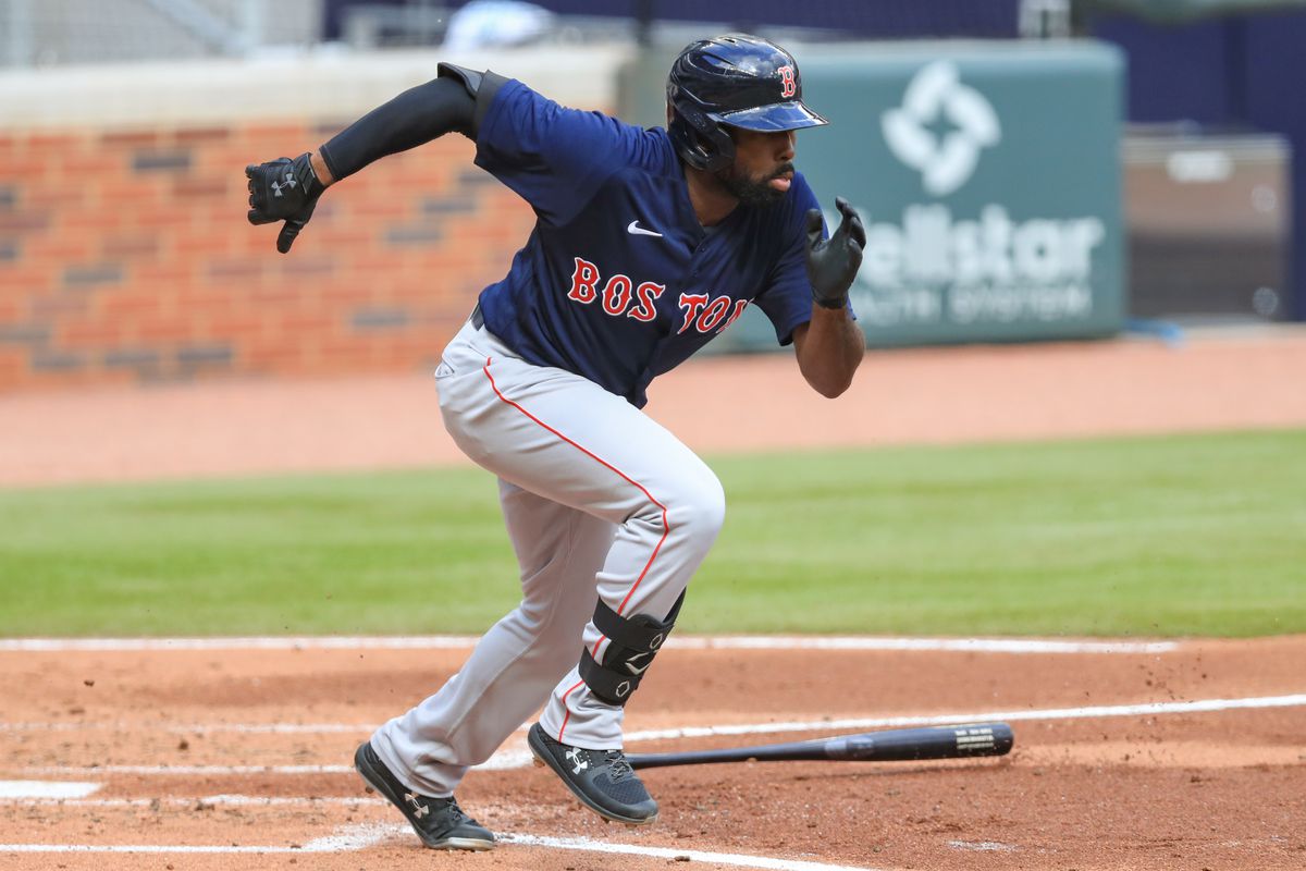 Jackie Bradley Jr. #19 of the Boston Red Sox in action during a game against the Atlanta Braves at Truist Park on September 27, 2020 in Atlanta, Georgia.
