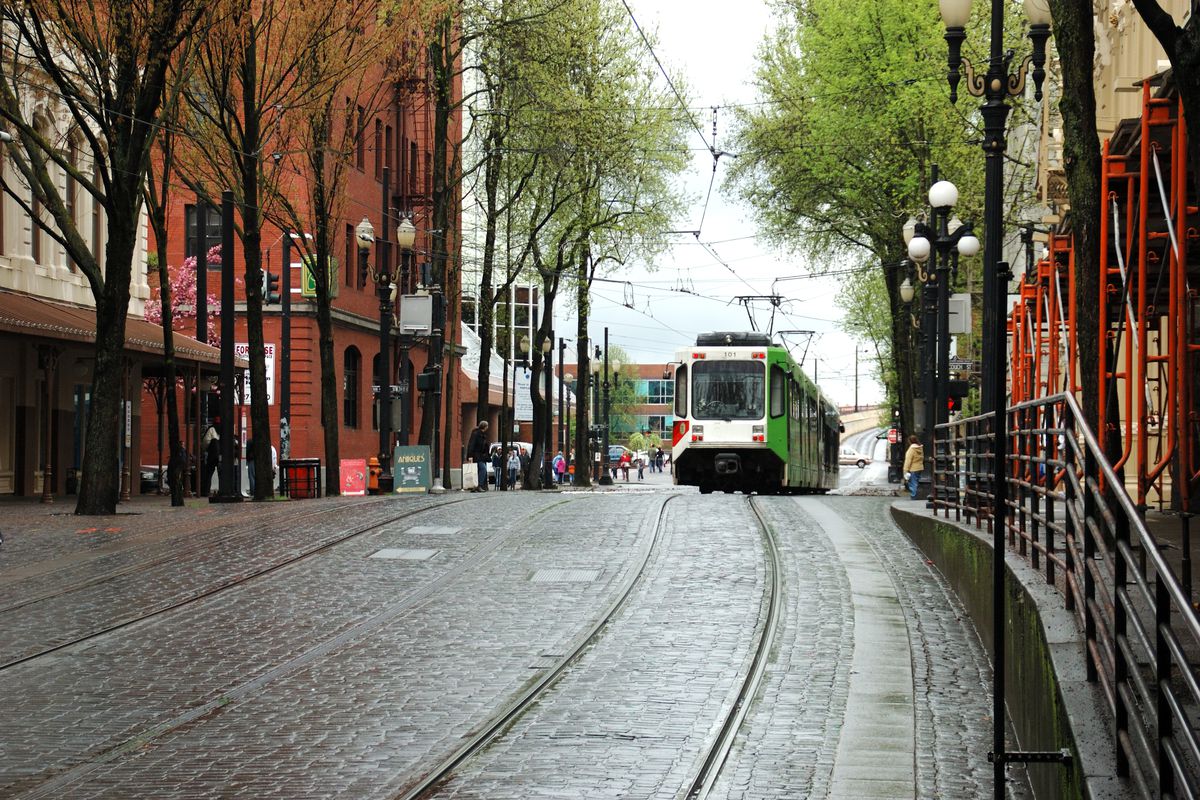 The Portland streetcar in downtown Portland, Oregon.