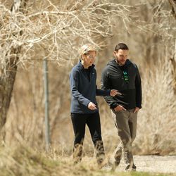 Sen. Elizabeth Warren, D-Mass., walks with Carl Fisher, of Save Our Canyons, at Storm Mountain picnic area in Big Cottonwood Canyon on Wednesday, April 17, 2019.