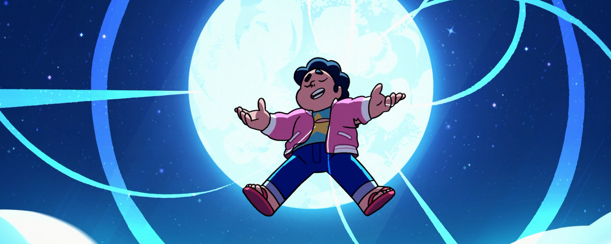 Steven Universe floats and sings in his pink jacket and star shirt in Steven Universe: The Movie