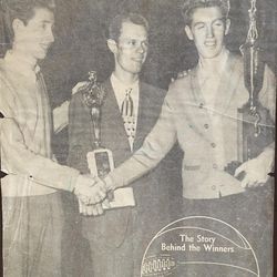 Right, Jack Hadfield of the Brigham City Fourth Ward holds a trophy he earned playing in the All Church basketball tournament on the cover of the LDS Church News in 1948.