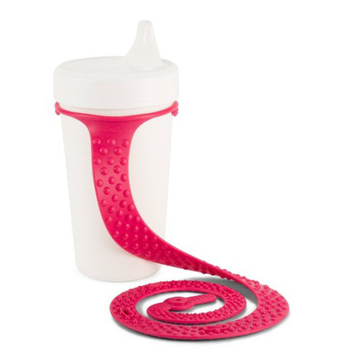 A cup with a long pink strap