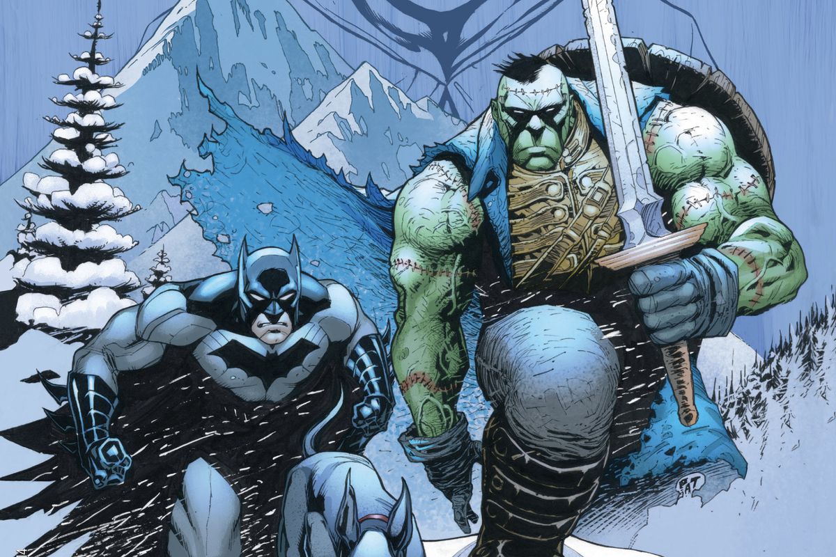 Batman and Frankenstein grimly walk over the top of a snowy hill together. Frankenstein is wearing a sleeveless cuirass, a large round wooden shield on his back, and is carrying an huge, unsheathed broadsword, on the cover of Batman and Frankenstein #31 (2014).