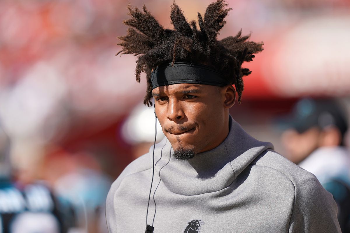 Cam Newton of the Carolina Panthers looks on from the sidelines against the San Francisco 49ers during an NFL football game at Levi’s Stadium on October 27, 2019 in Santa Clara, California.