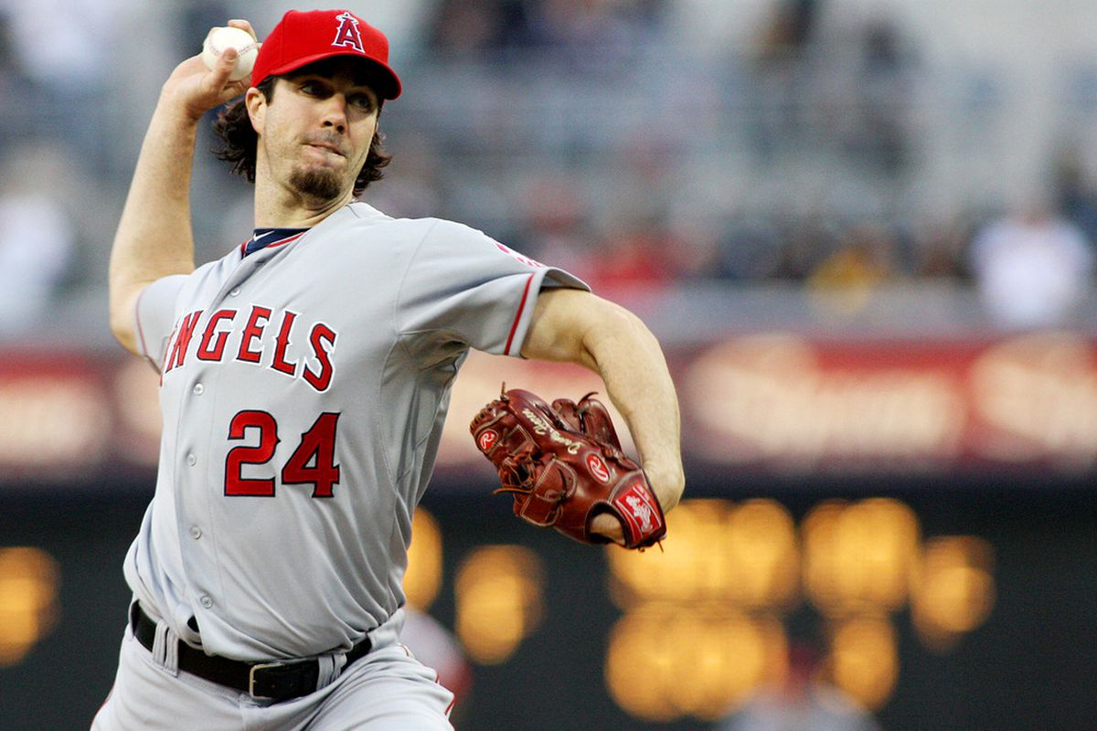 May 19, 2012; San Diego, CA, USA; Los Angeles Angels starting pitcher Dan Haren (24) pitches against the San Diego Padres during the first inning at PETCO Park. Mandatory Credit: Jake Roth-US PRESSWIRE