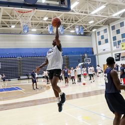 Brandon Sly lays it up during tryouts for the Salt Lake City Stars at the Lifetime Activities Center in Taylorsville on Saturday, Sept. 22, 2018.