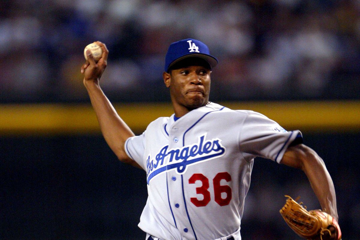 Edwin Jackson, making his major league debut for the Dodgers against Randy Johnson and the Diamondbacks at Bank One Ballpark in Phoenix, Arizona on September 9, 2003.