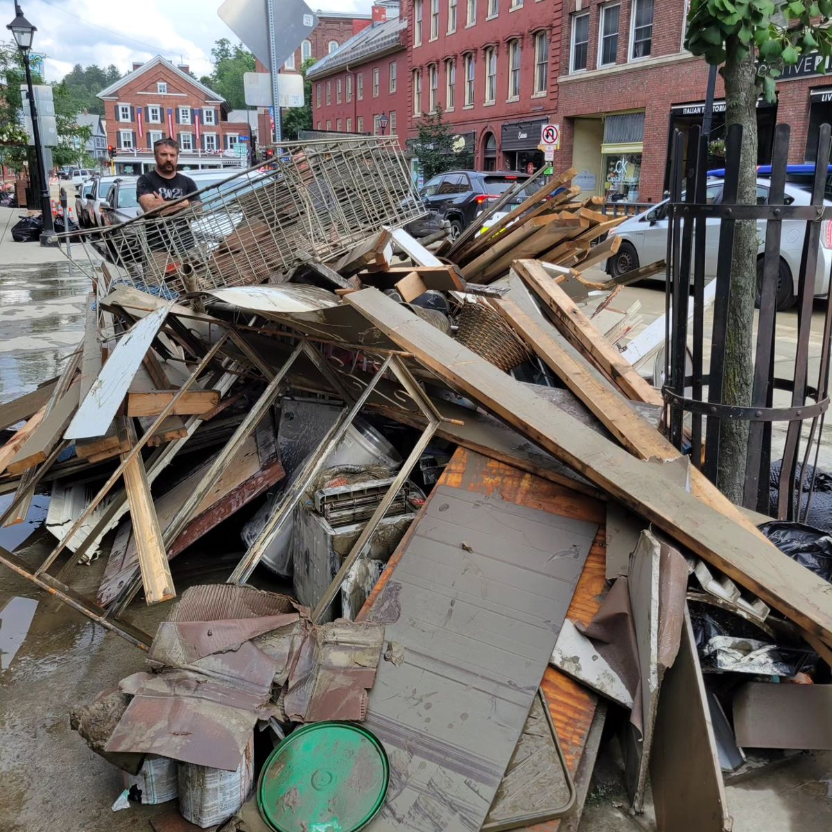 A pile of debris on a sidewalk