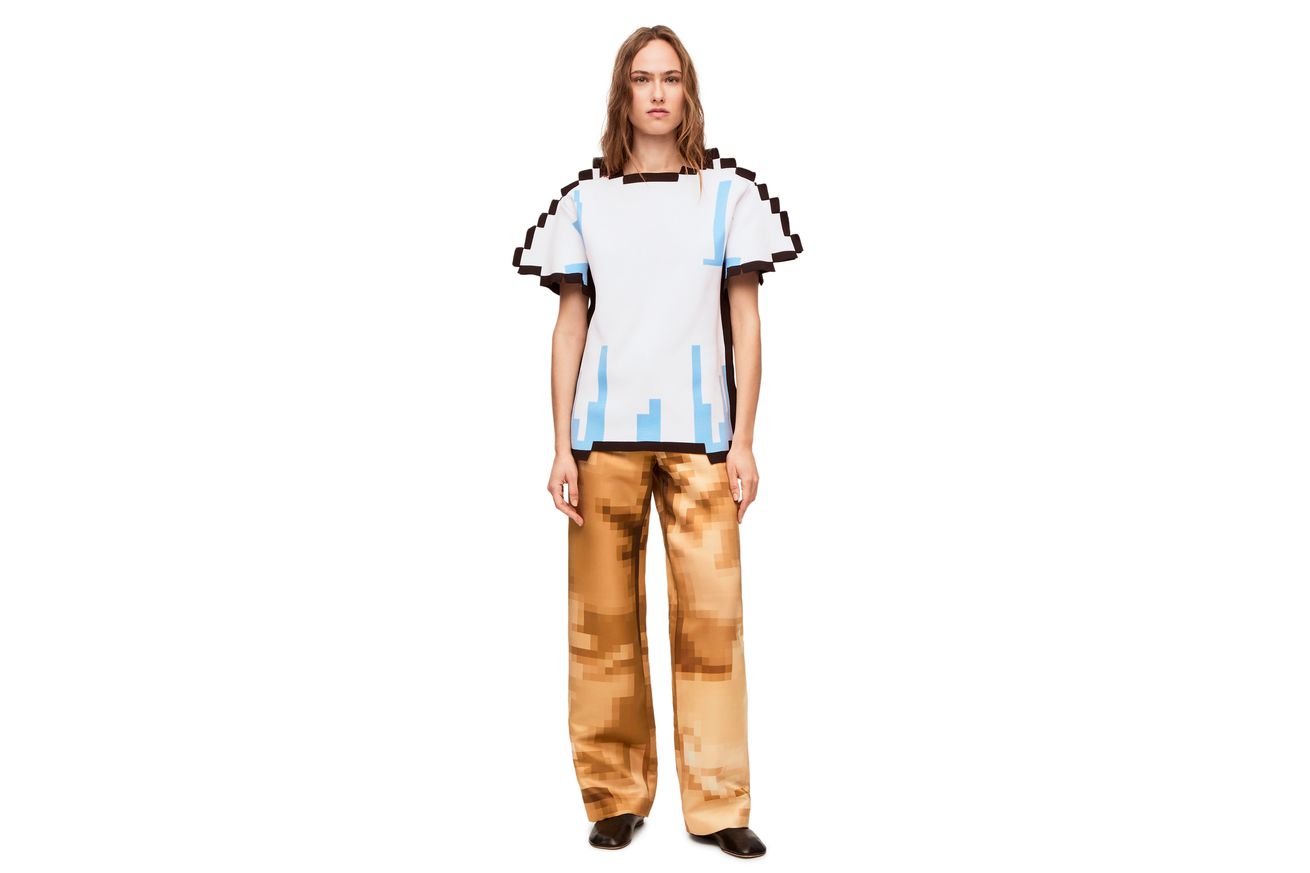 Loewe model wearing a pixelated T-shirt and pants.