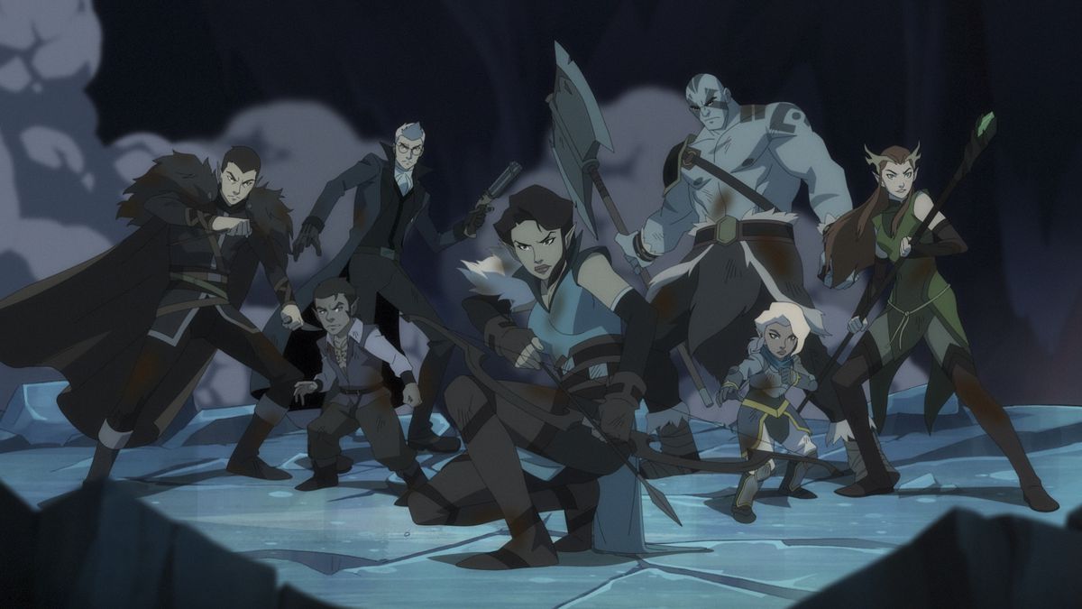 The characters of Legend of Vox Machina in a battle pose