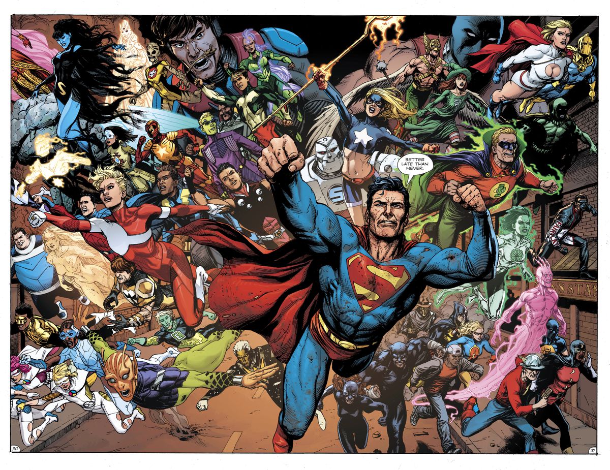 Superman leaps forward in triumph as the Justice Society, the Legion of Super-Heroes and other retconned superheroes leap behind him, in Doomsday Clock #12, DC Comics (2019). 