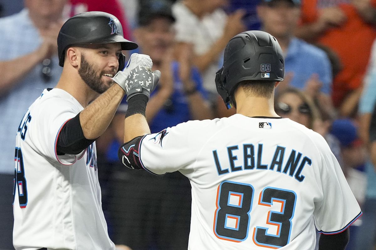 Charles Leblanc #83 of the Miami Marlins is congratulated by Jacob Stallings #58 after hitting a home run in the sixth inning against the New York Mets at loanDepot park on July 31, 2022 in Miami, Florida.
