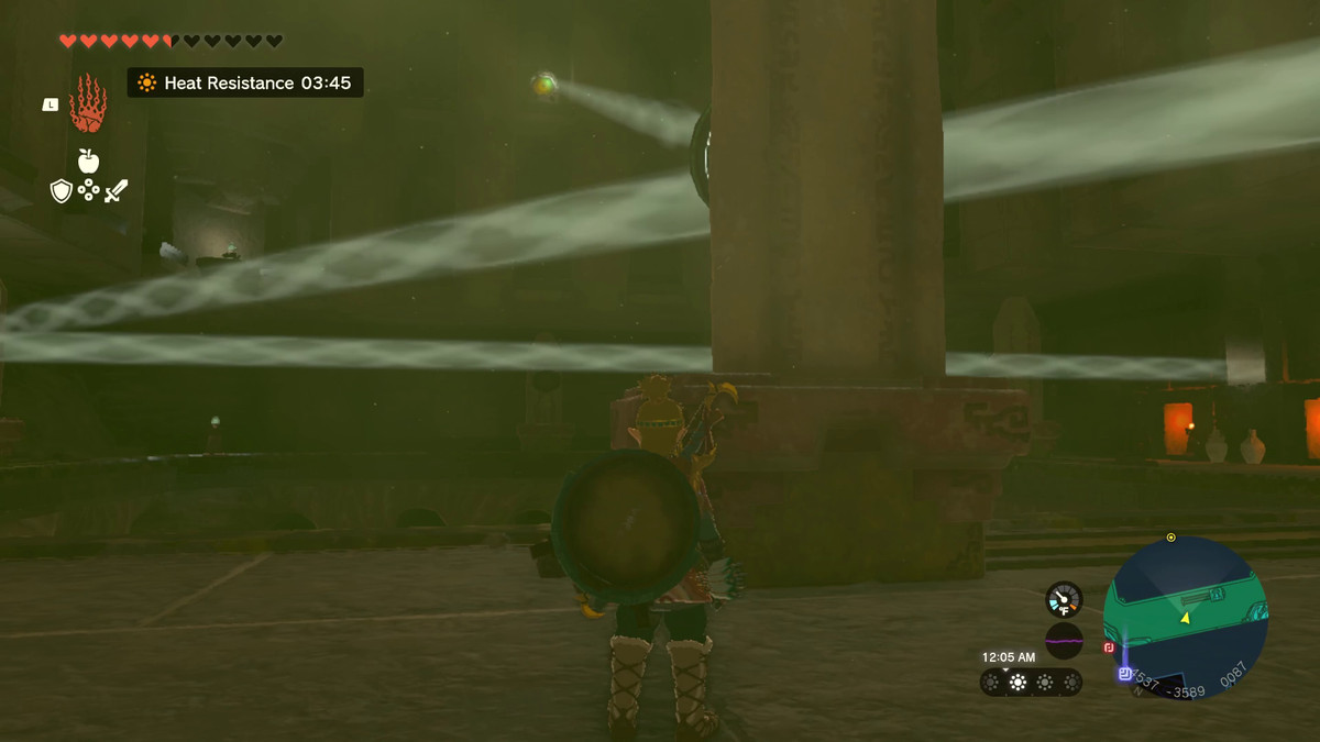 The Legend of Zelda: Tears of the Kingdom Link admiring his handiwork with beams of light reflecting all over the Lightning Temple.