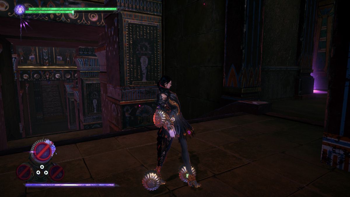 Bayonetta stands in a hallway in an egyptian temple with a purple glow appearing around the corner