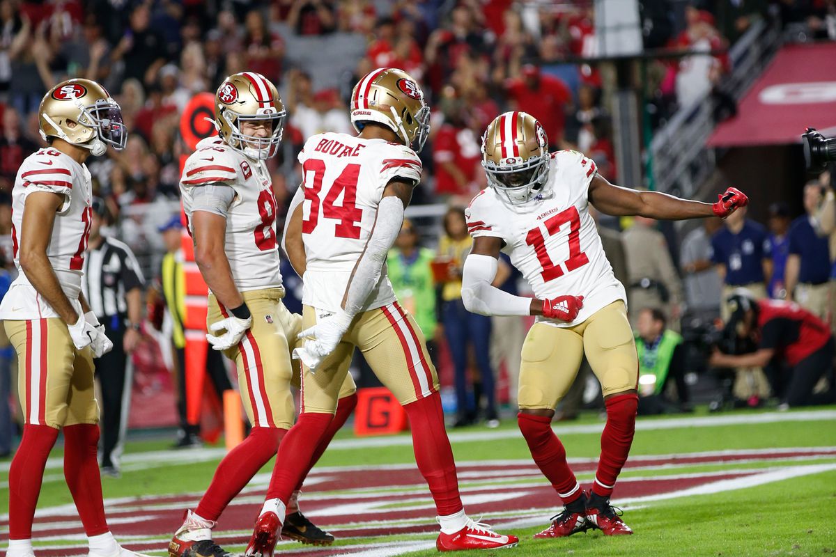 Kendrick Bourne of the San Francisco 49ers celebrates after making a 7-yard touchdown reception during the game against the Arizona Cardinals at State Farm Stadium on October 31, 2019 in Glendale, Arizona.