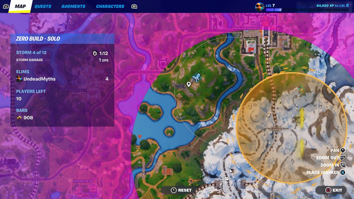 A Fortnite map screen with the rift icon