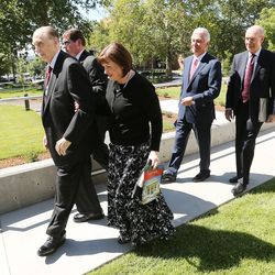 President Thomas S. Monson walks out after the University of Utah unveiled the newly refurbished Enos A. Wall Mansion and name it The Thomas S. Monson Center in Salt Lake City on Wednesday, Aug. 24, 2016. The mansion will become home to the Kem C. Gardner Policy Institute. Presidents Dieter F. Uchtdorf and Henry B. Eyring and Ann Dibb attend the event.