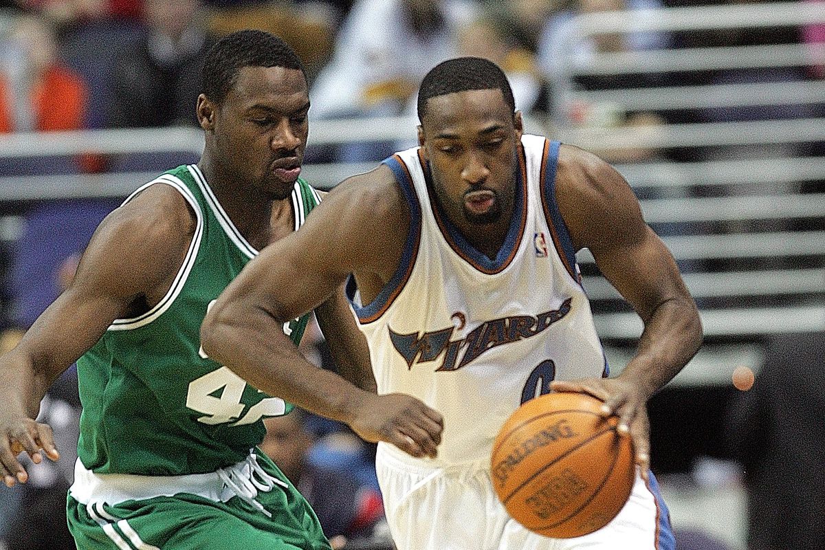 Washinton Wizards Gilbert Arenas (0) breaks free from pressure by Boston Celtics Tony Allen (42) during their game played at the MCI Center in Washington, D.C., Saturday night, January 7, 2006.