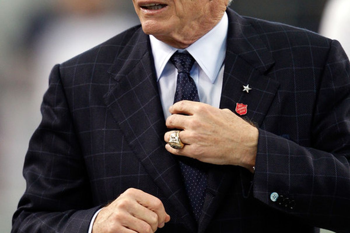 ARLINGTON, TX - NOVEMBER 24:  Dallas Cowboys owner Jerry Jones works the sidelines during pregame warm-up during the Thanksgiving Day game at Cowboys Stadium on November 24, 2011 in Arlington, Texas.  (Photo by Tom Pennington/Getty Images)