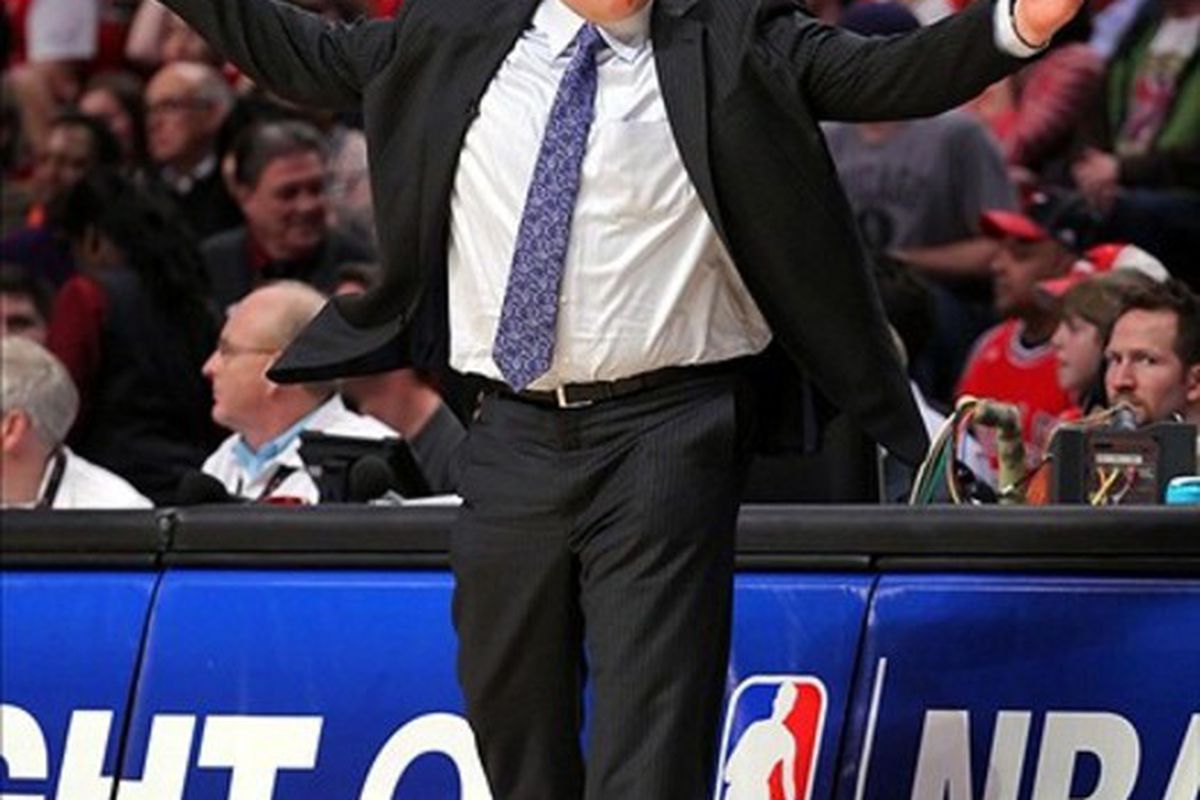 Mar 14, 2012; Chicago, IL, USA; Chicago Bulls head coach Tom Thibodeau reacts to a call in the first half against the Miami Heat at the United Center. Mandatory Credit: Dennis Wierzbicki-US PRESSWIRE