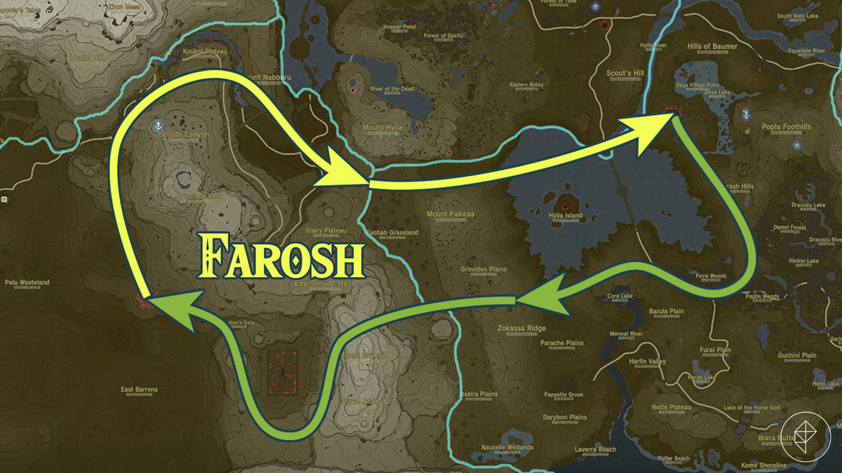 A map shows the route of Farosh the dragon in Zelda Tears of the Kingdom.