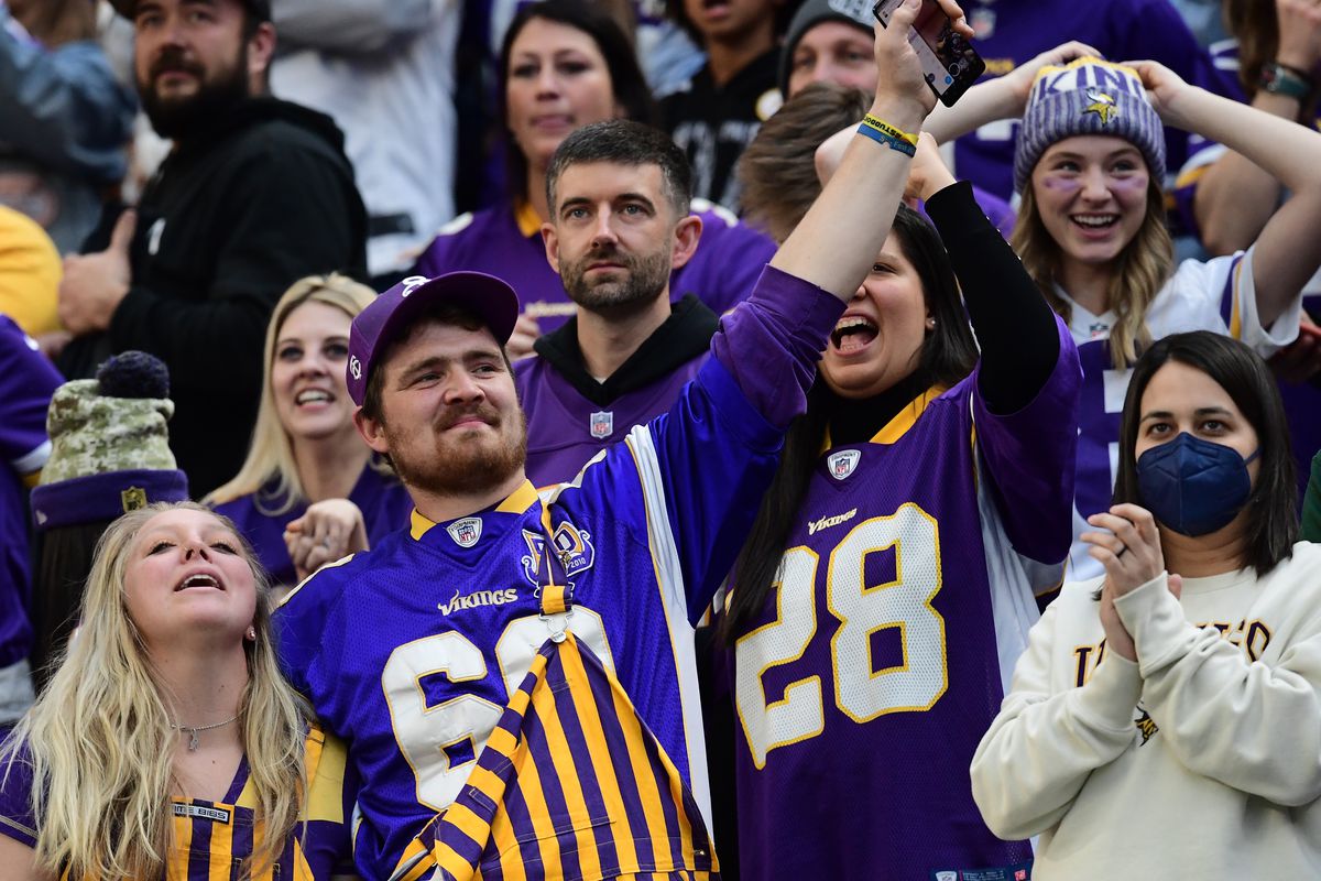 Minnesota Vikings fans celebrate Minnesota’s 34-31 victory over the Green Bay Packers in an NFL football game at U.S. Bank Stadium in Minneapolis, Minn. on Sunday, Nov., 21 2021.