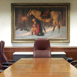 The artist's proof of "The Prayer at Valley Forge," on loan from Rian Robison, hangs at County Commission offices.
