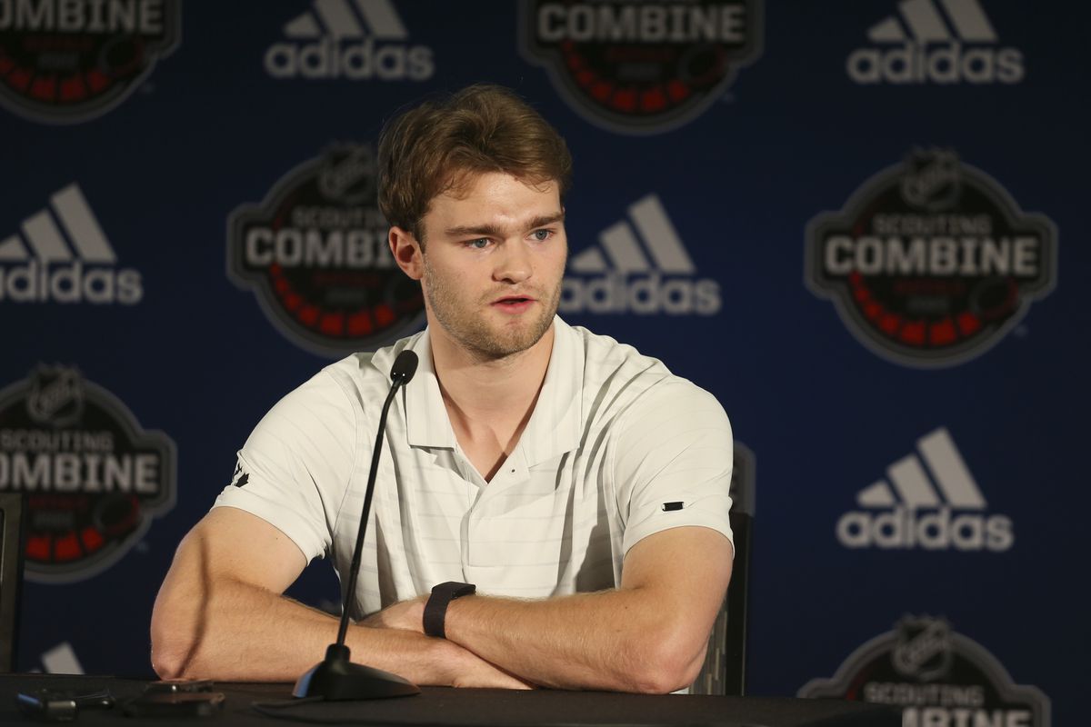 Shane Wright speaks at the Top Prospects Media Availability at the NHL Scouting Combine at HarborCenter on June 03, 2022 in Buffalo, New York.