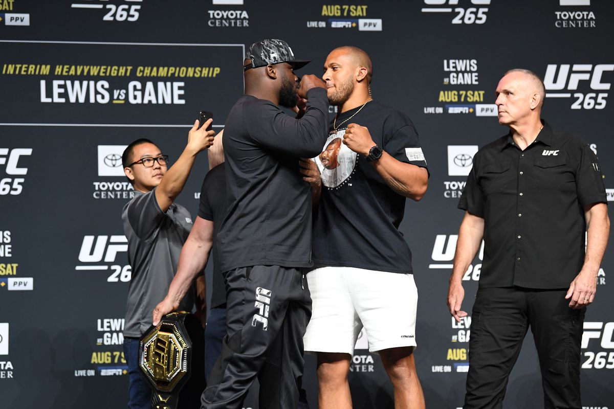 Derrick Lewis and Ciryl Gane of France face off during the UFC 265 press conference at at Toyota Center on August 05, 2021 in Houston, Texas.