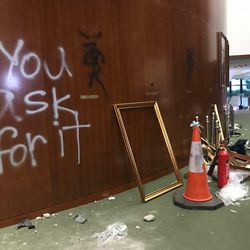 In this July 3, 2019, file photo, amage to the lobby of the Legislative Council following a break-in by protesters is seen during a media tour in Hong Kong. (AP Photo/Johnson Lai, File)