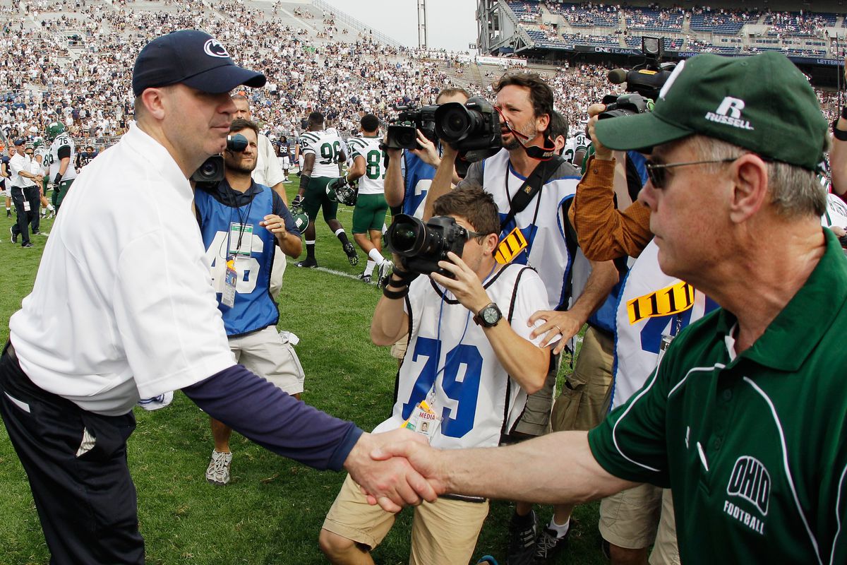 Frank Solich shakes hands with Bill O'Brien after Ohio opened up their 2012 season with a win in Happy Valley.